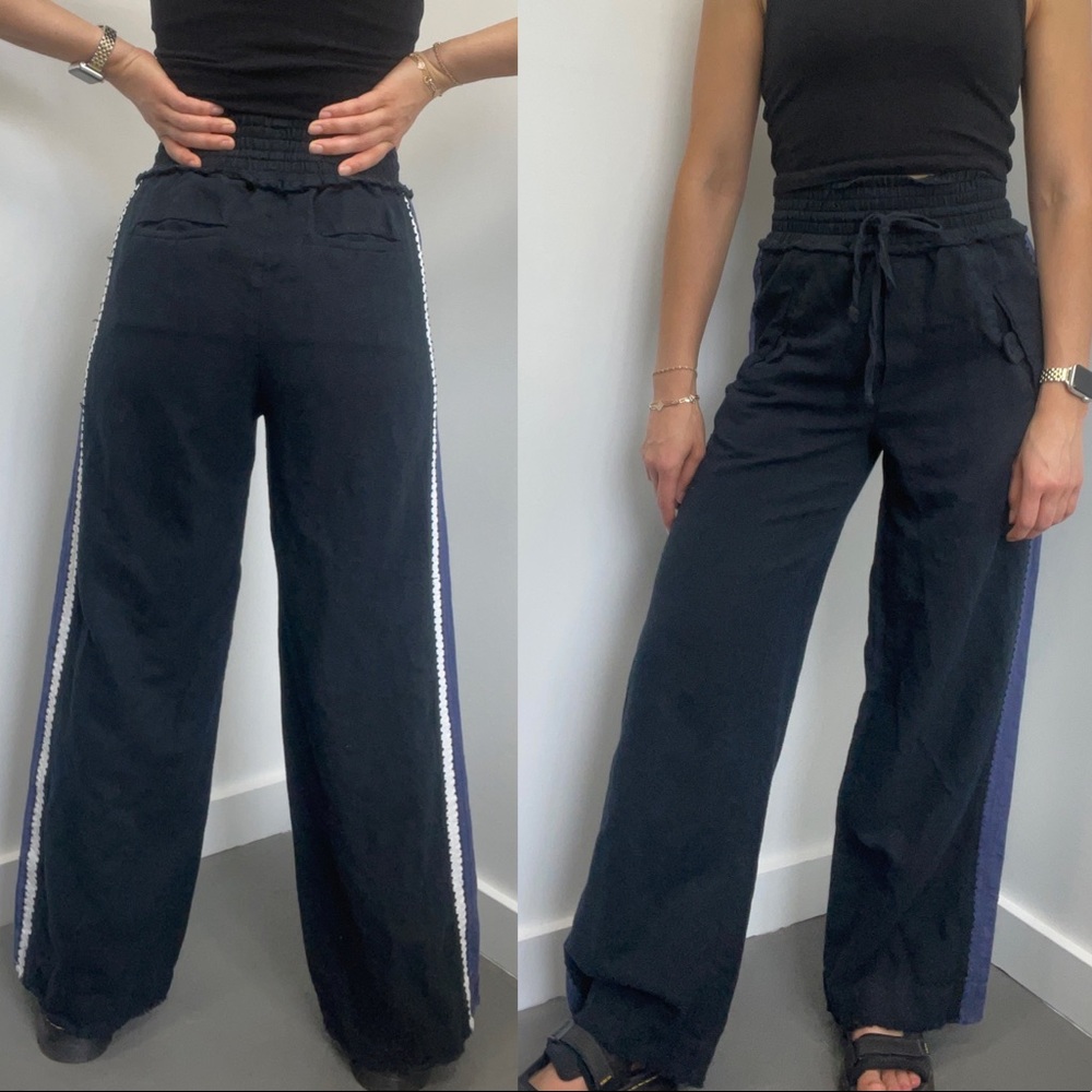 SEA New York Black High Rise Wide Leg Side Stripe Cotton Linen Pants Size 4